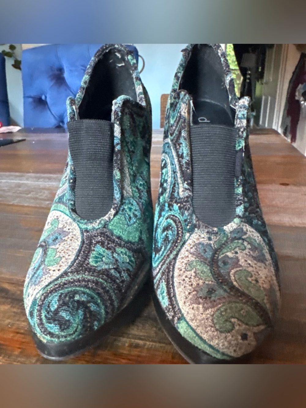 Diba Teal and Black Paisley Slip-On Mules